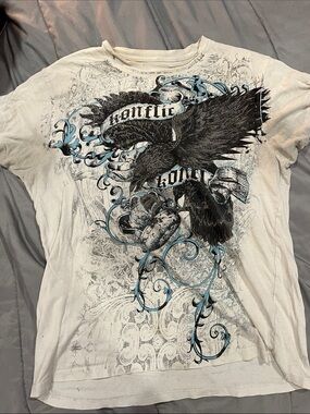 Akonflic Grunge Eagle Tee in White with Black & Blue Print